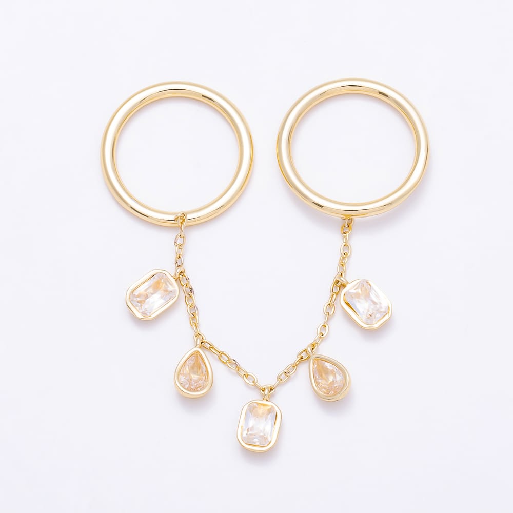 16K Gold Filled Clear CZ Oval Teardrop Baguette Bezel Chain Double Finger Ring | Rings-00424