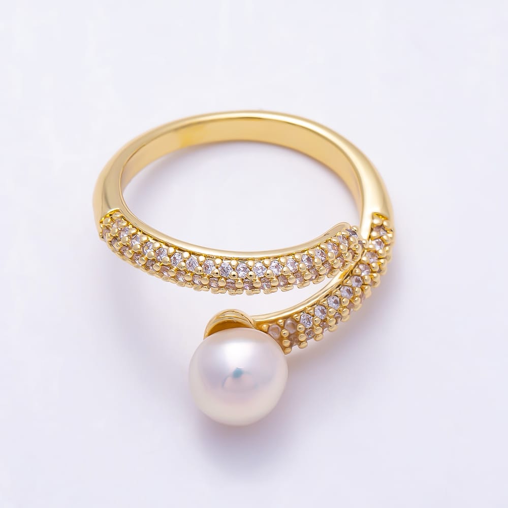 16K Gold Filled Shell Pearl Micro Paved CZ Wrap Adjustable Ring | Rings-00425