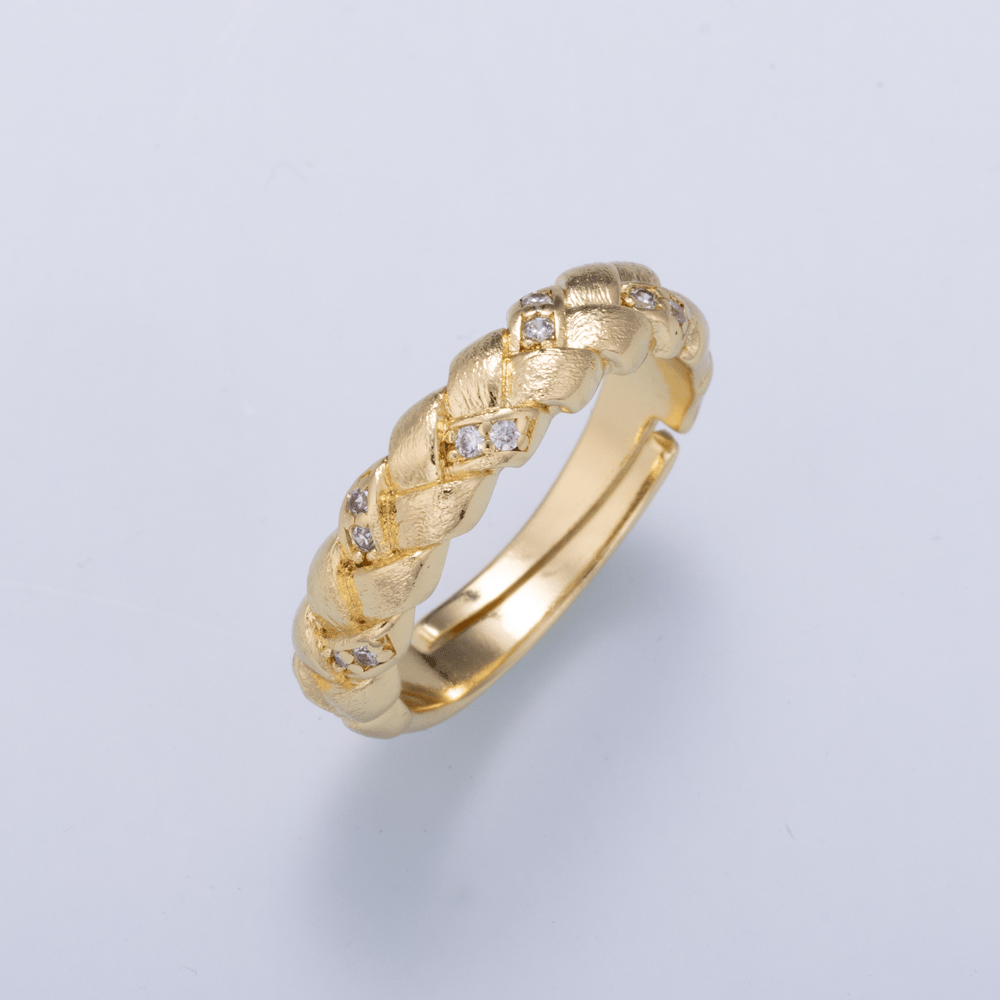 16K Gold Filled Micro Paved CZ Lined Textured Woven Adjustable Ring | Rings-00435