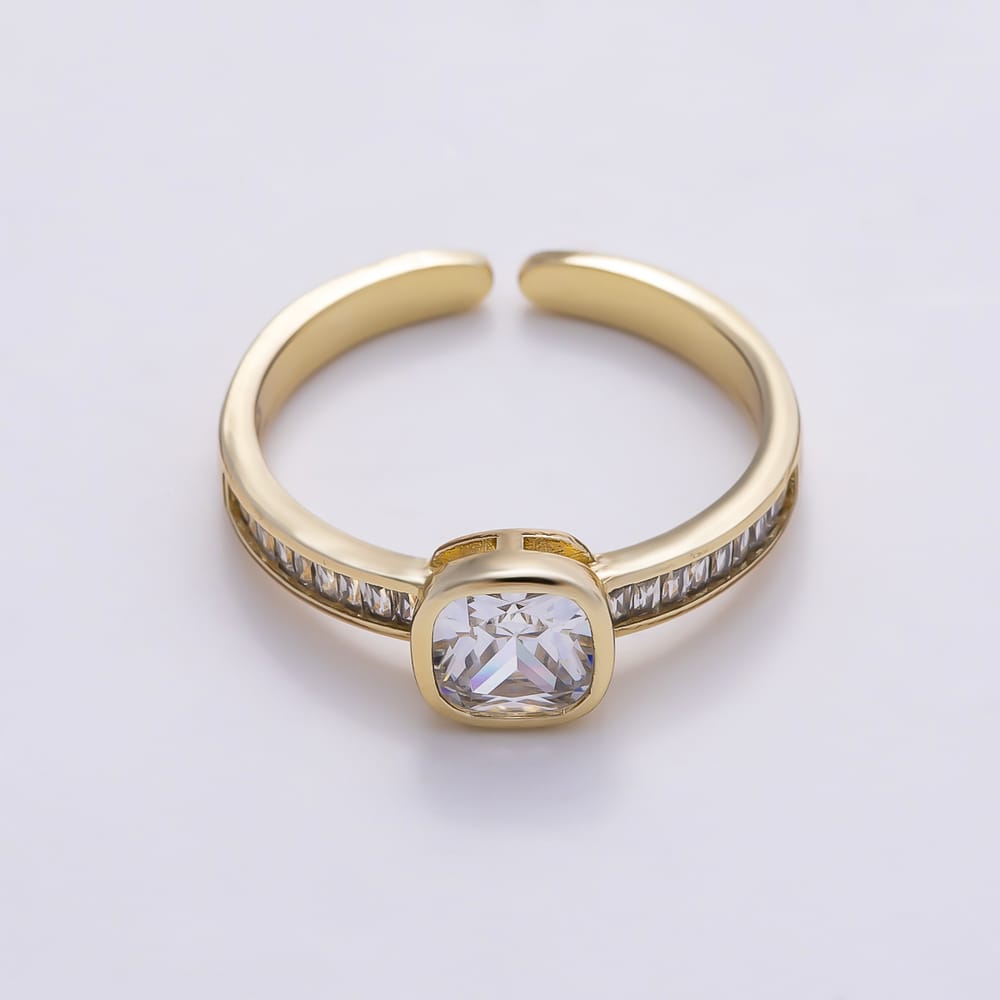 16K Gold Filled Clear CZ Square Baguette Lined Solitaire Ring | Rings-00439