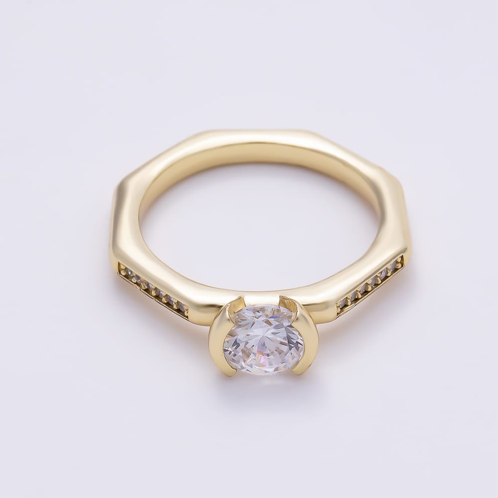 14K Gold Filled Round CZ Micro Paved Semi-Bezel Solitaire Octagon Ring | Rings-00440 ~ Rings-00442