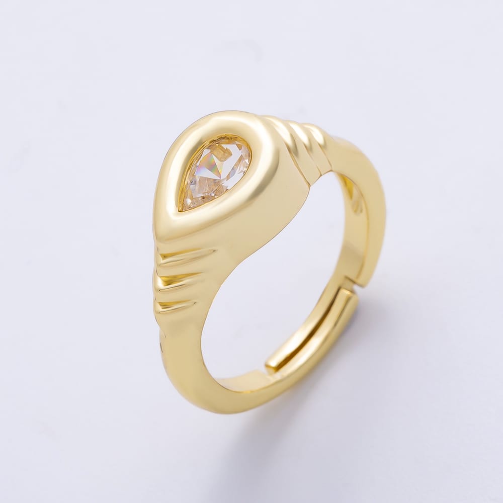 16K Gold Filled Clear CZ Teardrop Geometric Ribbed Ring | Rings-00443