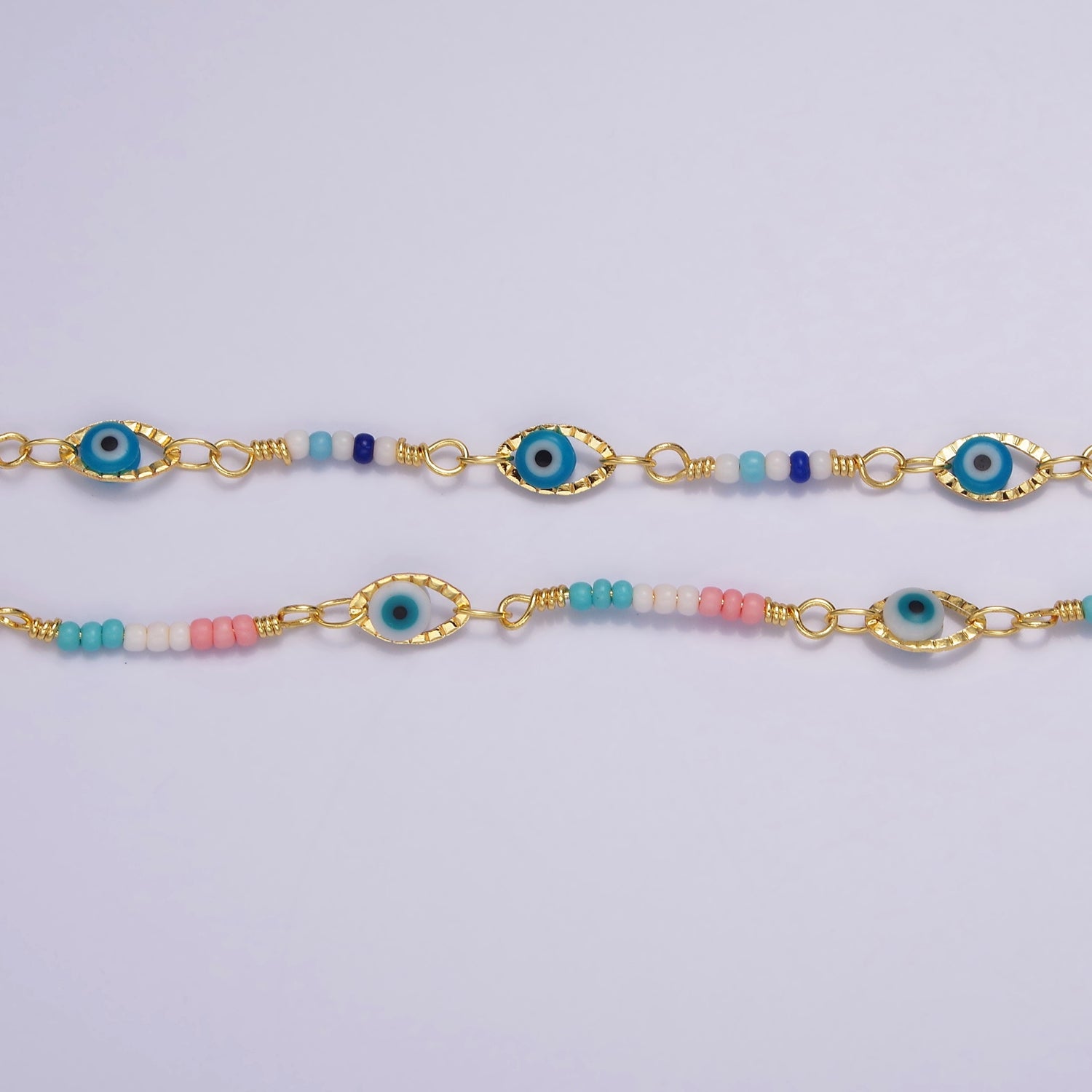 14K Gold Filled Pink, Blue Multicolor Bead Micro Paved Evil Eye Unfinished Chain by Yard | Roll-01418 Roll-01417