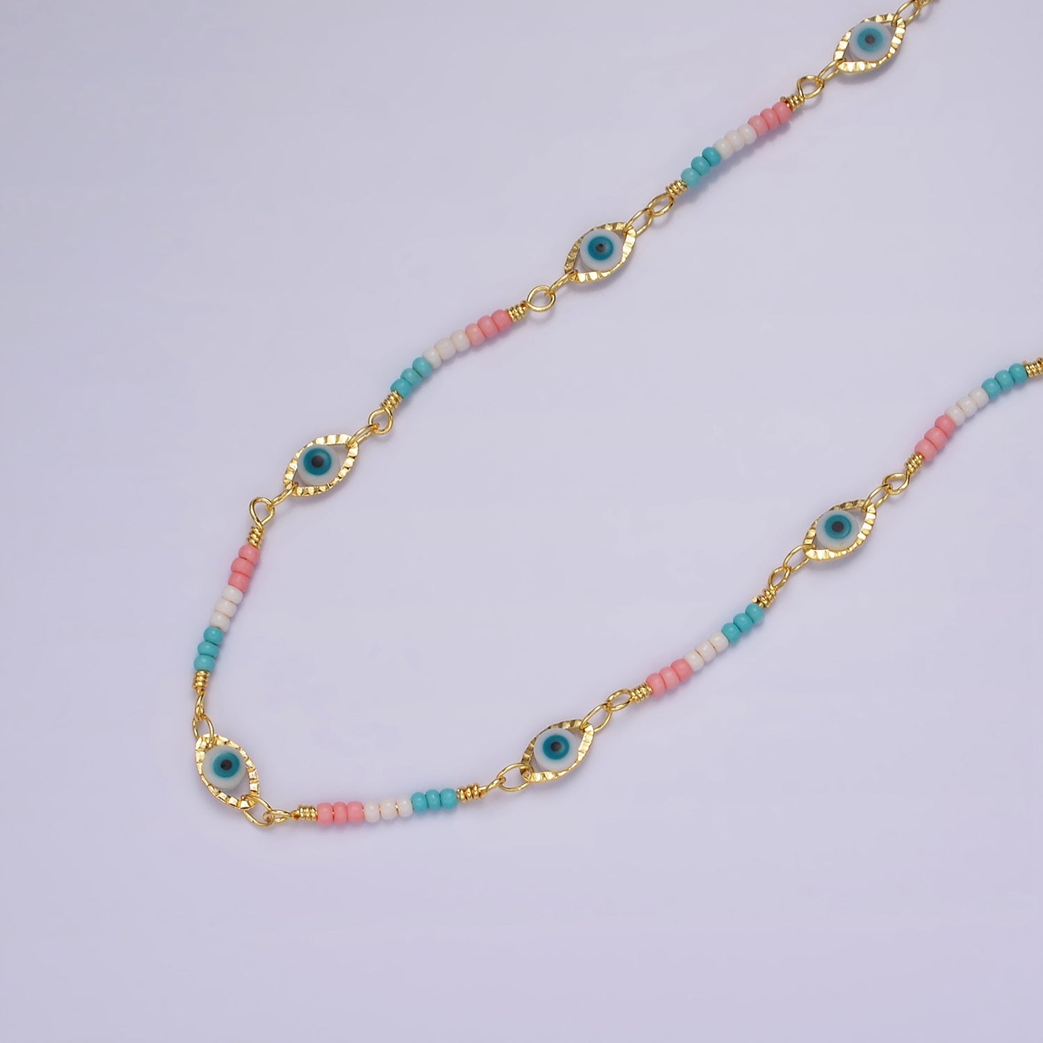 14K Gold Filled Pink, Blue Multicolor Bead Micro Paved Evil Eye Unfinished Chain by Yard | Roll-01418 Roll-01417