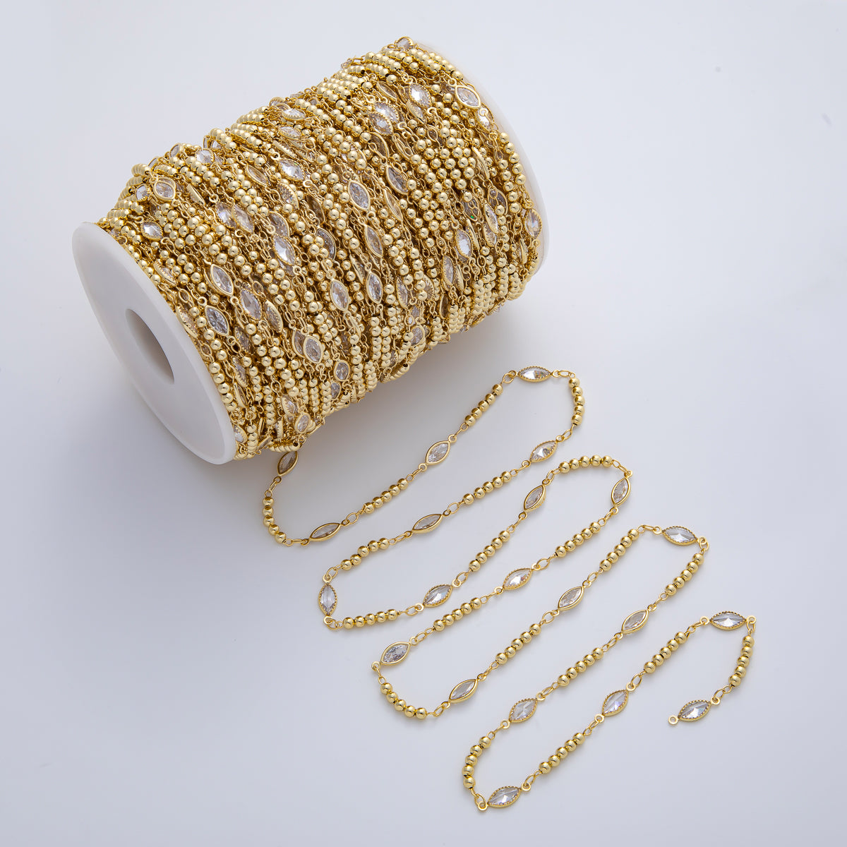 18K Gold Filled 3mm Clear Marquise CZ Bezel Bead Unfinished Chain by Yard | Roll-1775
