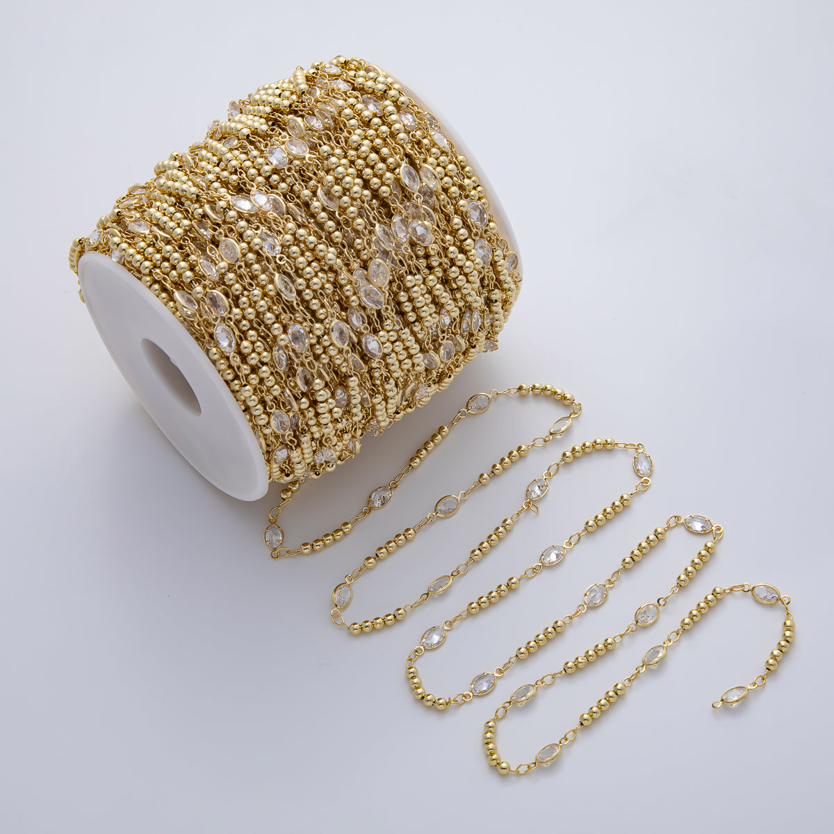 18K Gold Filled 3mm Clear Oval CZ Bezel Bead Unfinished Chain by Yard | Roll-1776