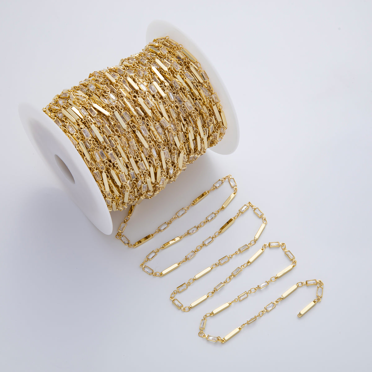 18K Gold Filled 3mm Clear Baguette CZ Bar Unfinished Chain by Yard | Roll-1778