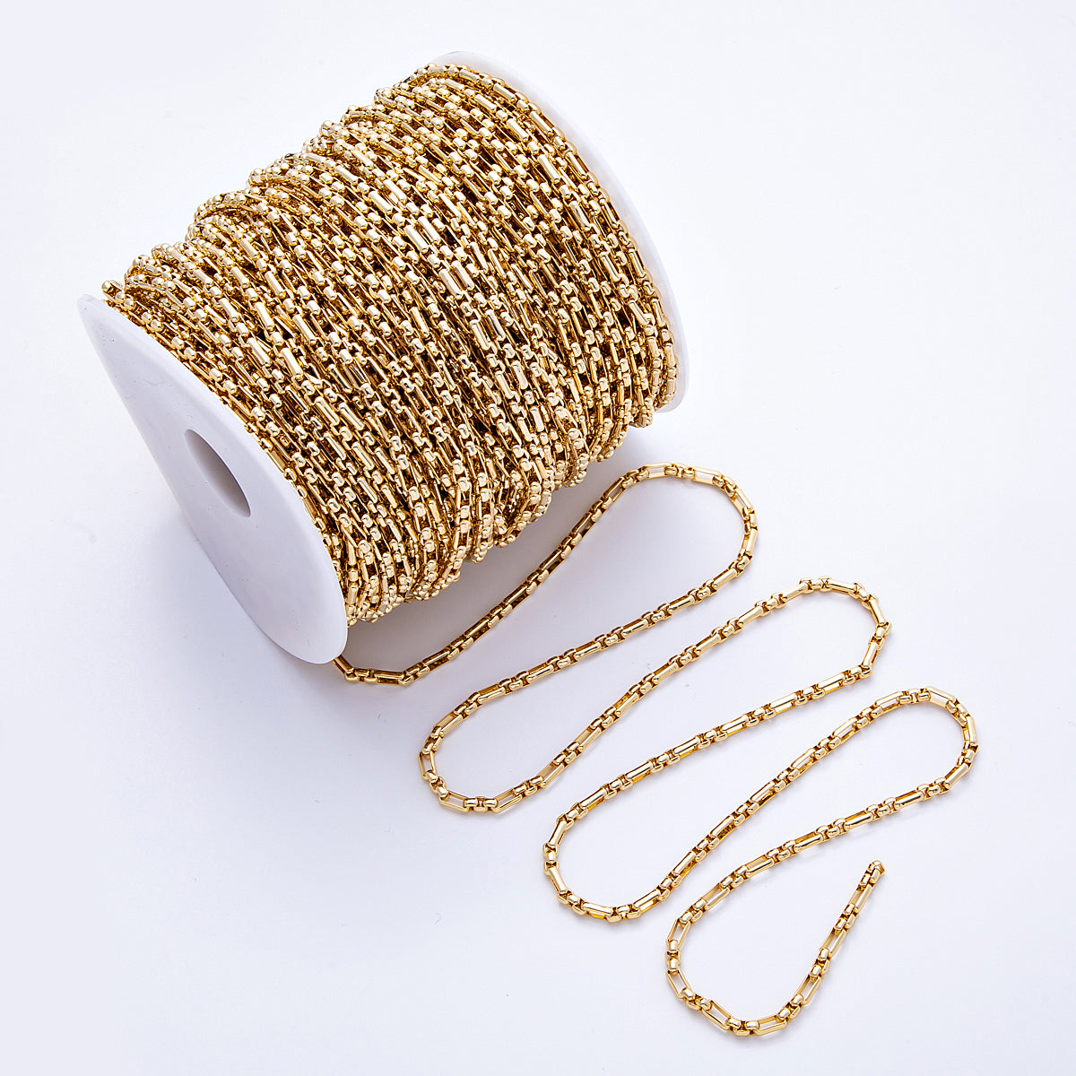 18K Stainless Steel 3mm Golden Tube & Bead Unfinished Chain by Yard | ROLL-01837