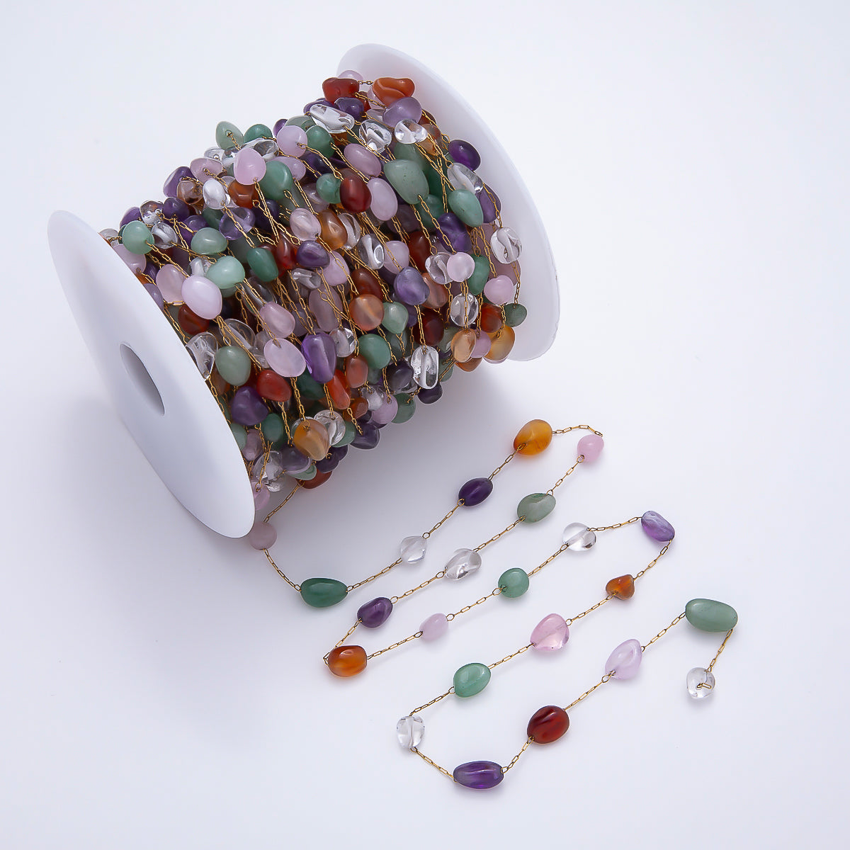 PVD Gold Stainless Steel 7mm Gemstone Pebble Chips Rosary Paperclip Satellite Unfinished Chain by Yard | Roll-01883