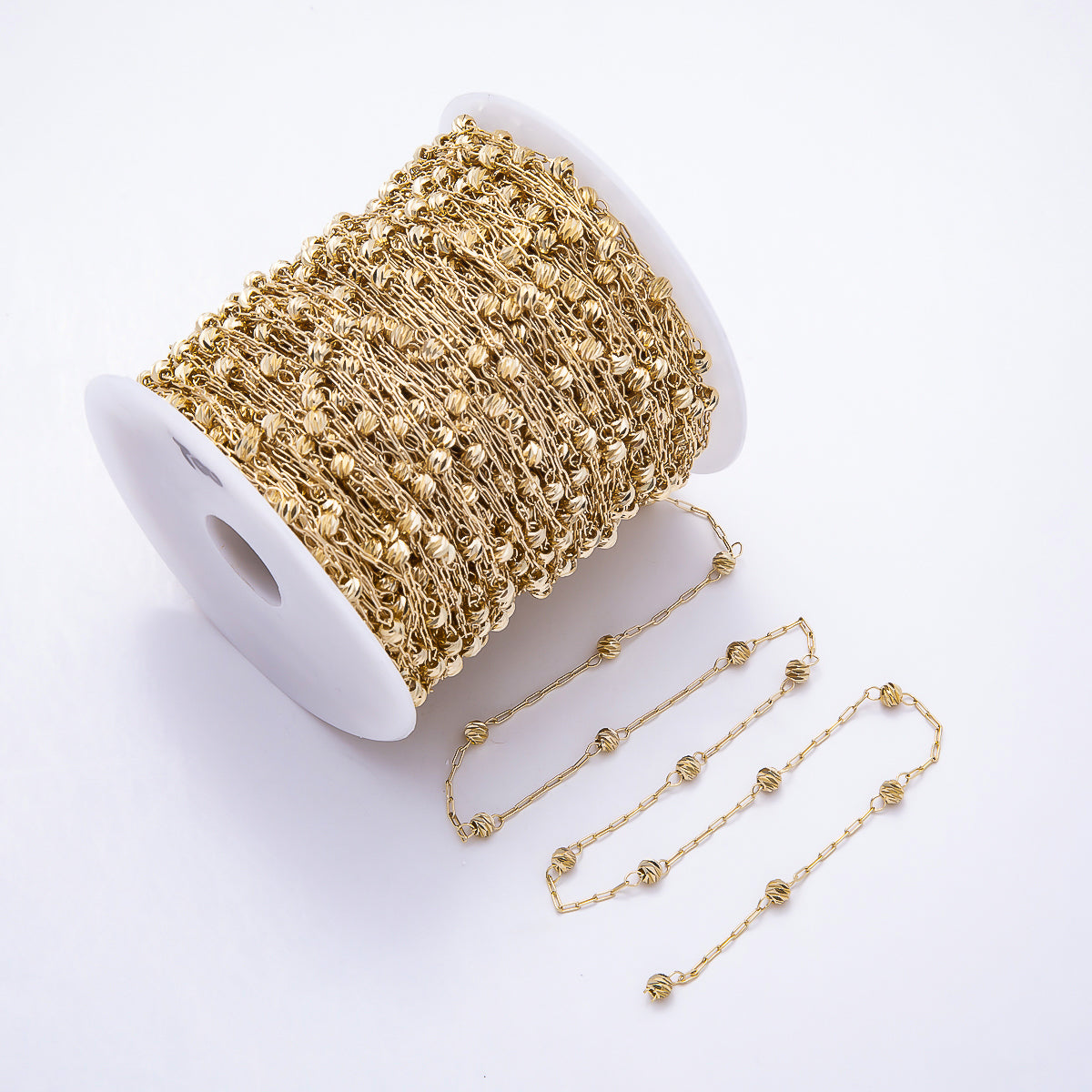 16K Gold Filled 3mm Textured Bead Station Cable Unfinished Chain by Yard | Roll-01901