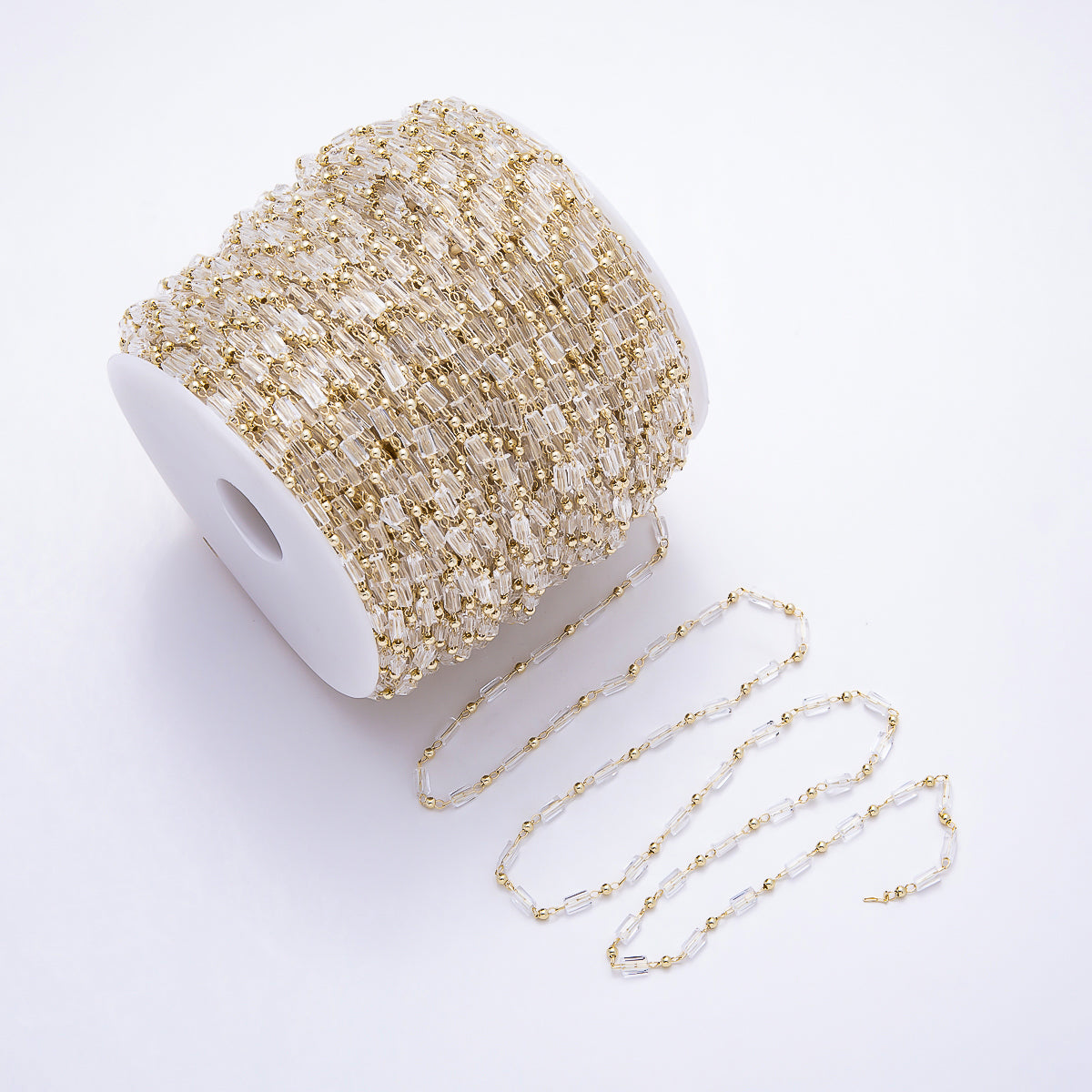 16K Gold Filled 2mm Clear Crystal Baguette Ball Unfinished Chain by Yard | Roll-01903