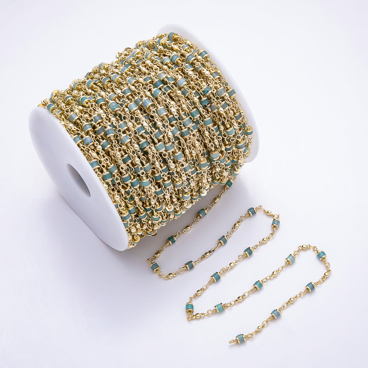 16K Gold Filled 4mm Green Jade Cylinder Tube Bead Unfinished Chain by Yard | Roll-01904