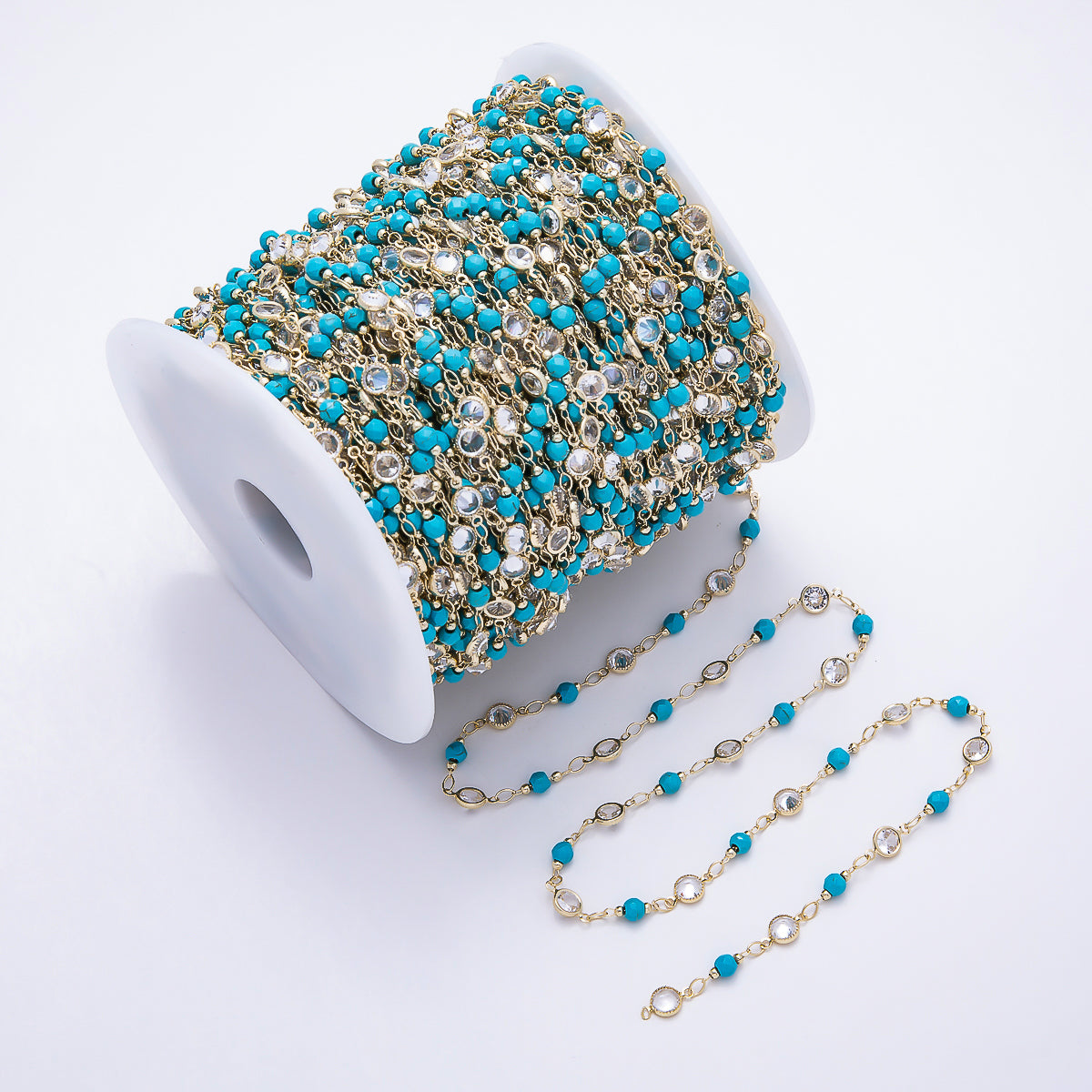 16K Gold Filled 5mm Turquoise Round Bead & Clear CZ Station Gemstone Unfinished Chain by Yard | Roll-01905