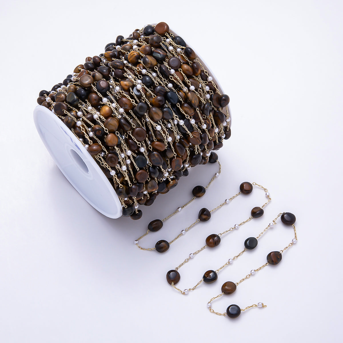 16K Gold Filled 3mm Tiger Eye Pebble & Mini Pearl Gemstone Unfinished Chain by Yard | Roll-01906