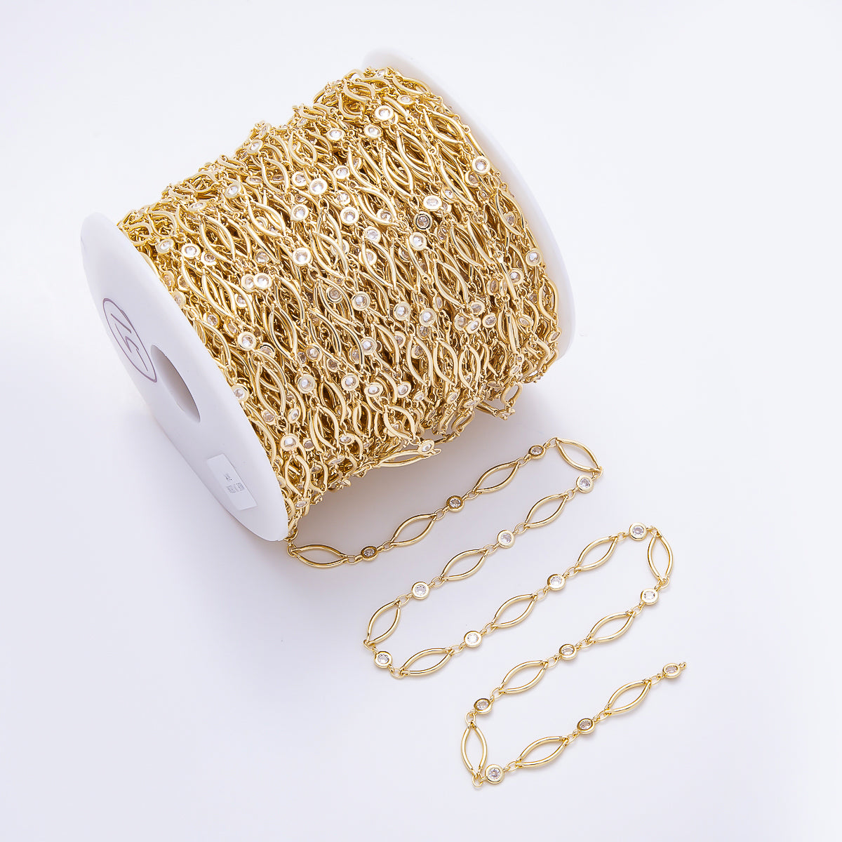 16K Gold Filled 15mm Navette Oval Link Clear CZ Station Unfinished Chain by Yard | Roll-01908
