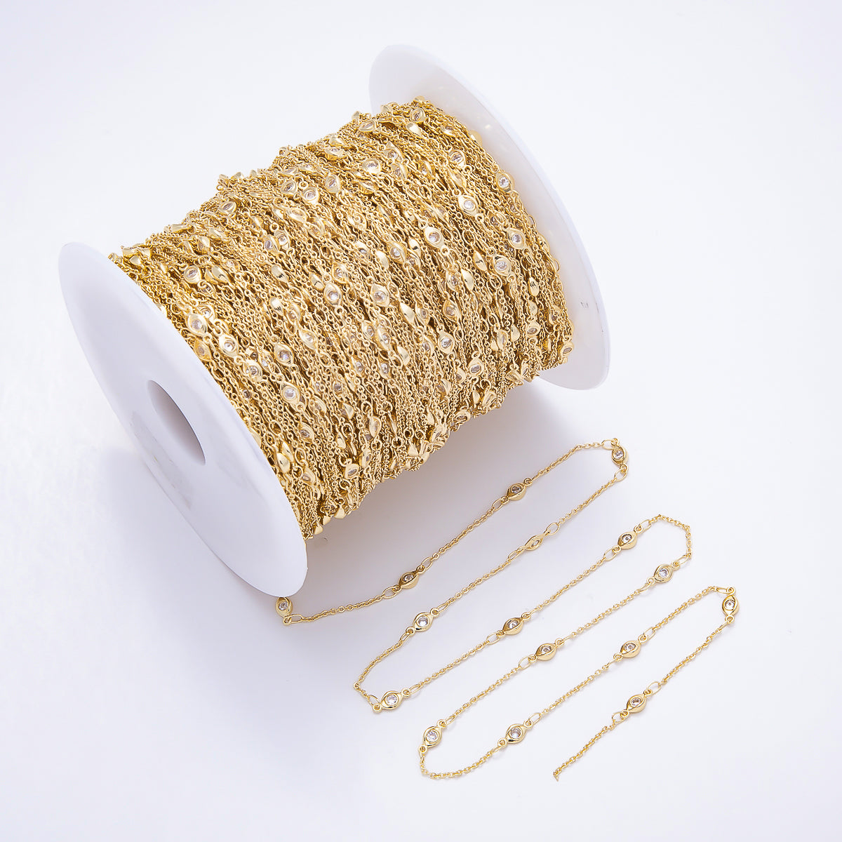 16K Gold Filled 4mm Clear CZ Evil Eye Bezel Cable Unfinished Chain by Yard | Roll-01909
