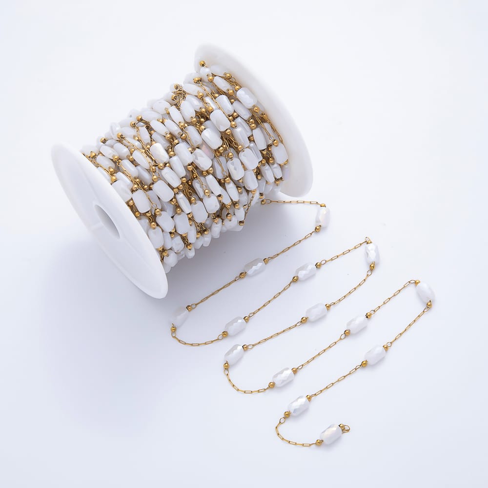 Stainless Steel 4mm White Agate Multifaceted Rectangle Gemstone Paperclip Satellite Unfinished Chain by Yard  | ROLL-01912
