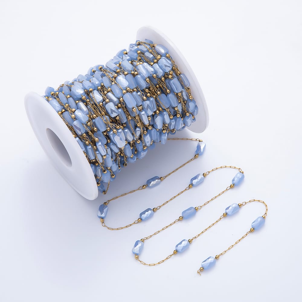Stainless Steel 4mm Blue Agate Multifaceted Rectangle Gemstone Paperclip Satellite Unfinished Chain by Yard  | Roll-01913