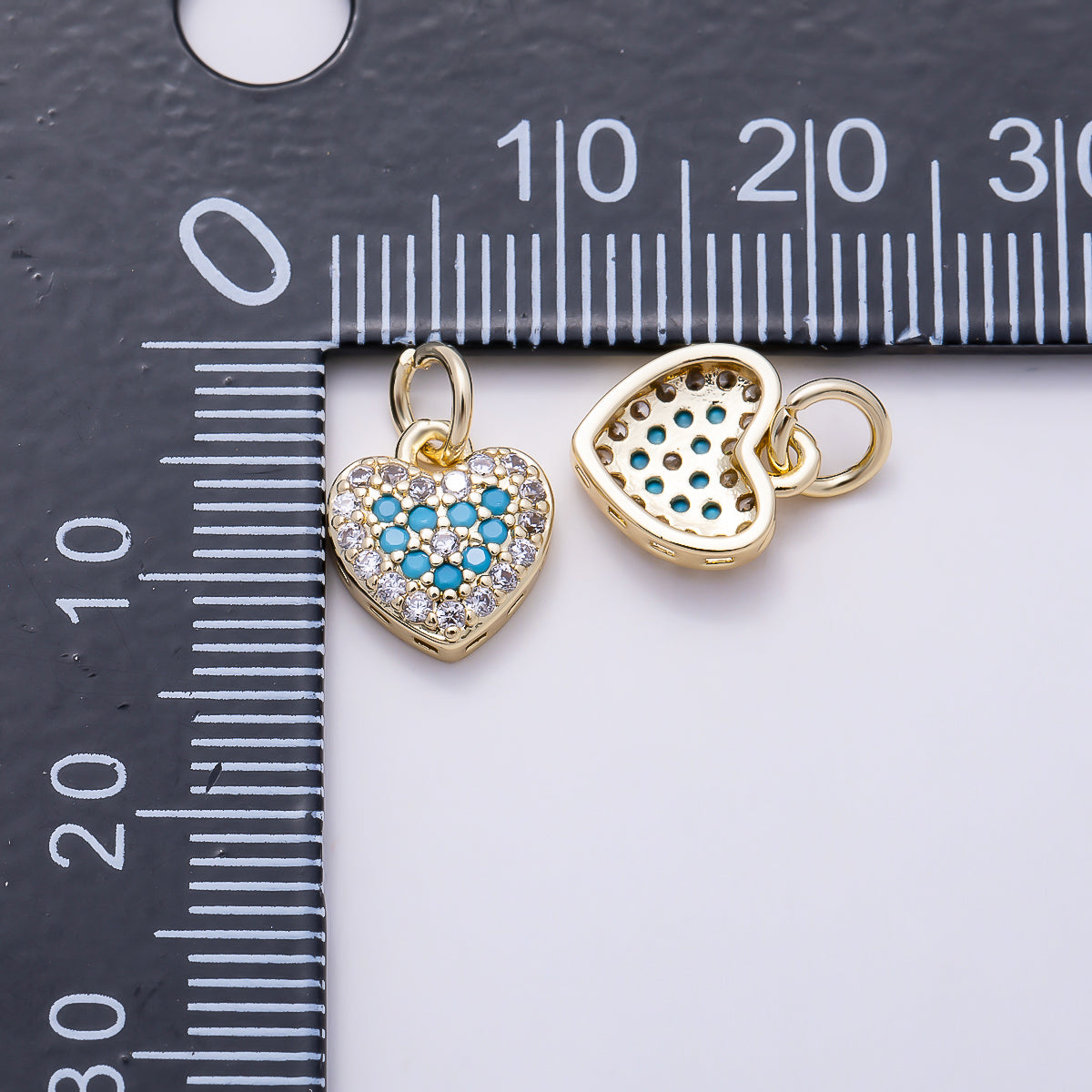 16K Gold Filled 10mm Turquoise and Clear Micro Paved CZ Puffy Heart Charm | Charms-01617