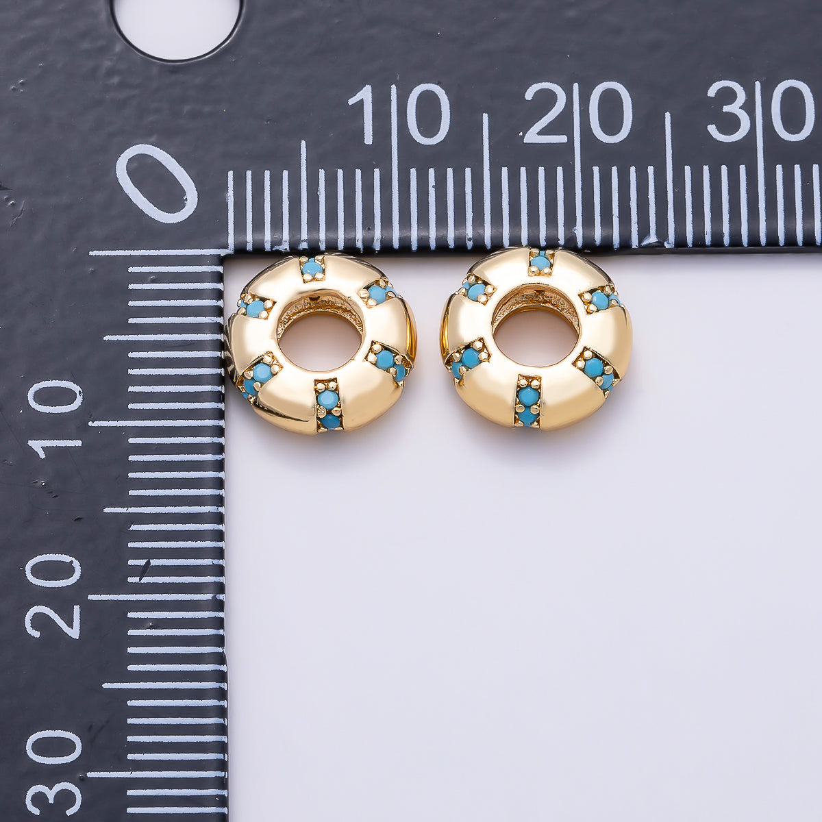 16K Gold Filled 10mm Turquoise Micro Paved Lined Rondelle Bead in Gold & Silver | Beads-00516 Beads-00517