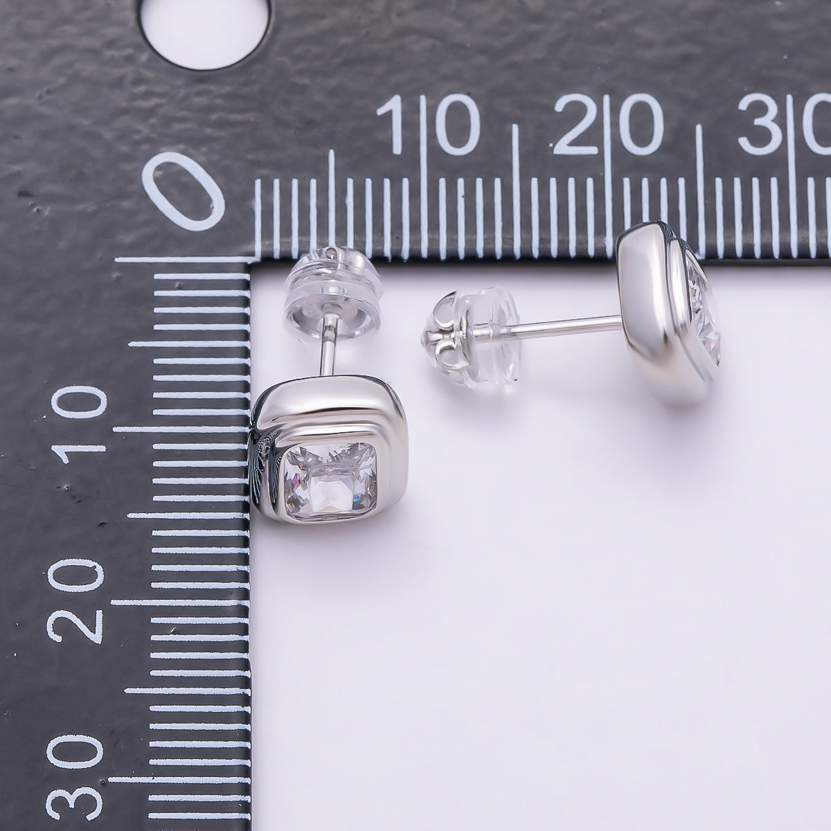 16K Gold Filled 10mm Clear CZ Baguette Bezel Stud Earrings in Gold & Silver | Earrings-00419 Earrings-00420