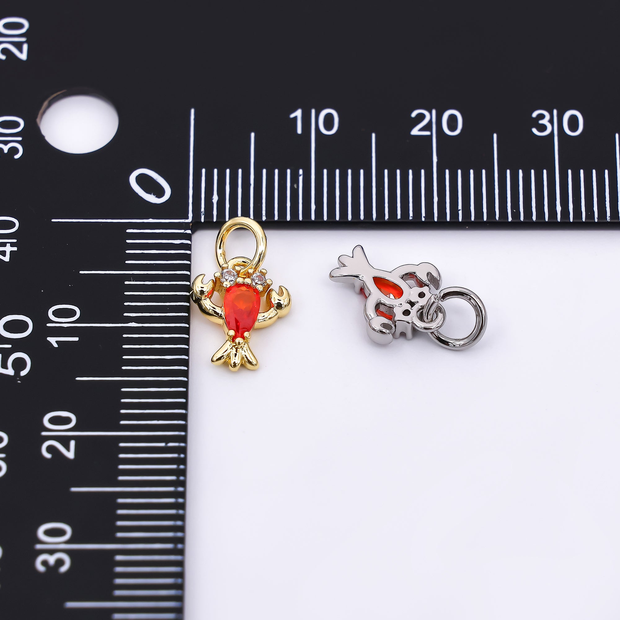 24K Gold Filled 16mm Red Teardrop CZ Fresh Sea Shrimp Lobster Animal Charm in Gold & Silver | M-653