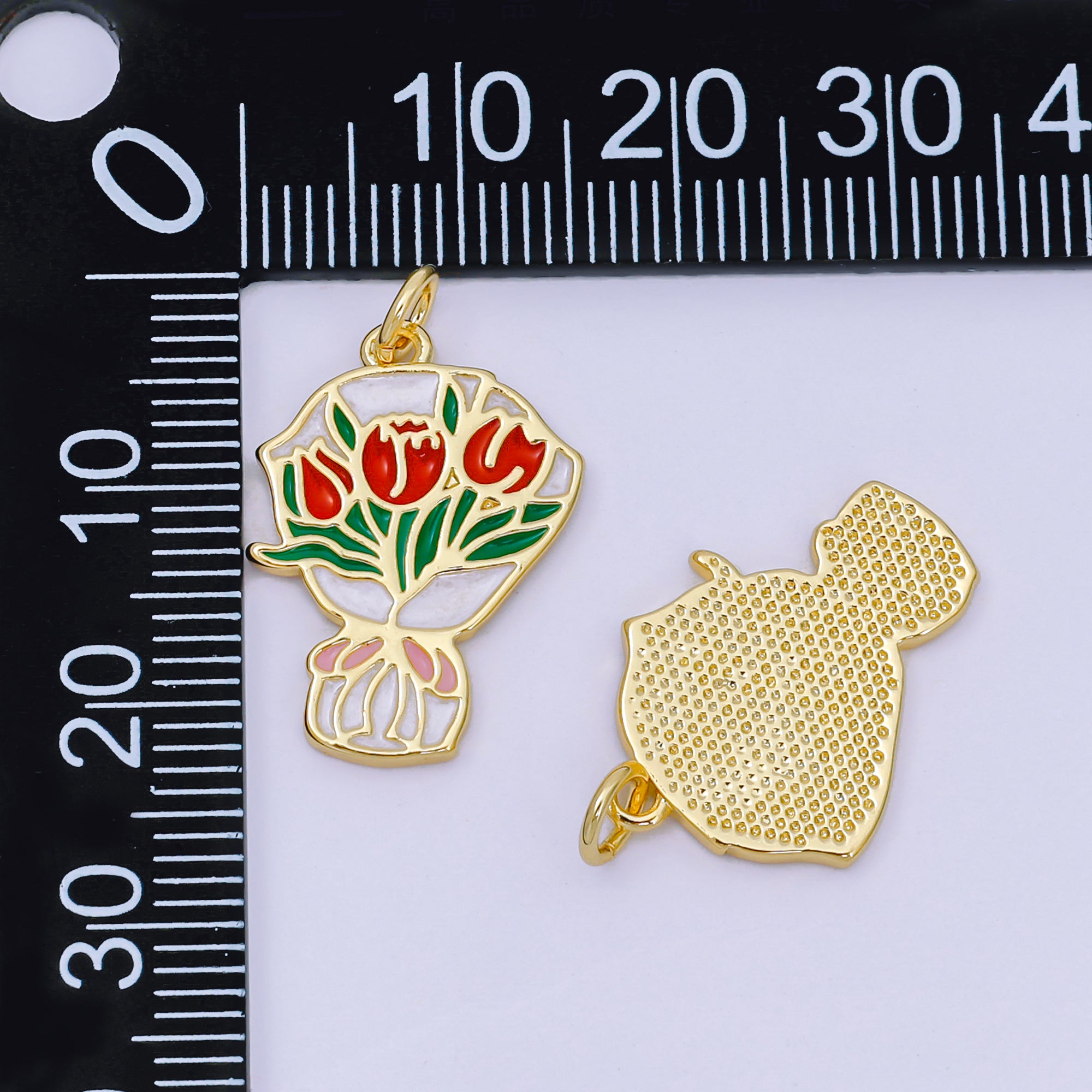 24K Gold Filled 10.5mm Enamel Art Bouquet of Roses Flower Charm | AH-642