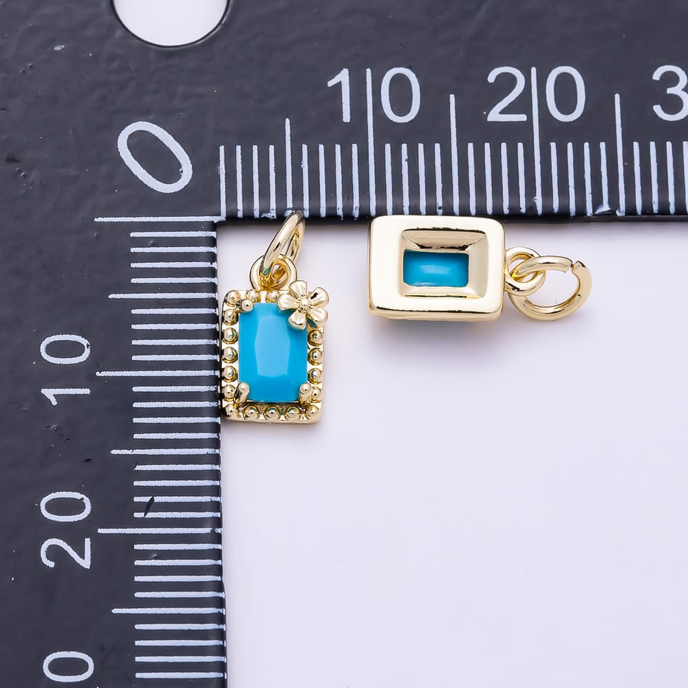 16K Gold Filled 11mm Rectangular Turquoise Cut CZ Beaded Floral Accent Charm | Charms-02168