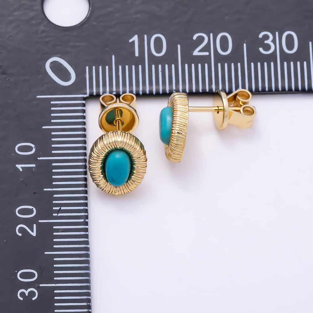 16K Gold Filled 10mm Blue Turquoise Lined Ribbed Textured Oval Bezel Stud Earrings | Earrings-01204