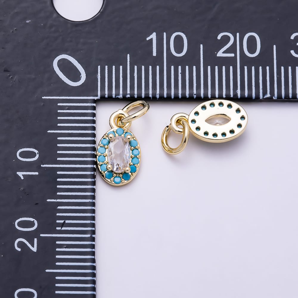 16K Gold Filled 11mm Oval Clear CZ Turquoise Beaded Halo Charm | Charms-02172