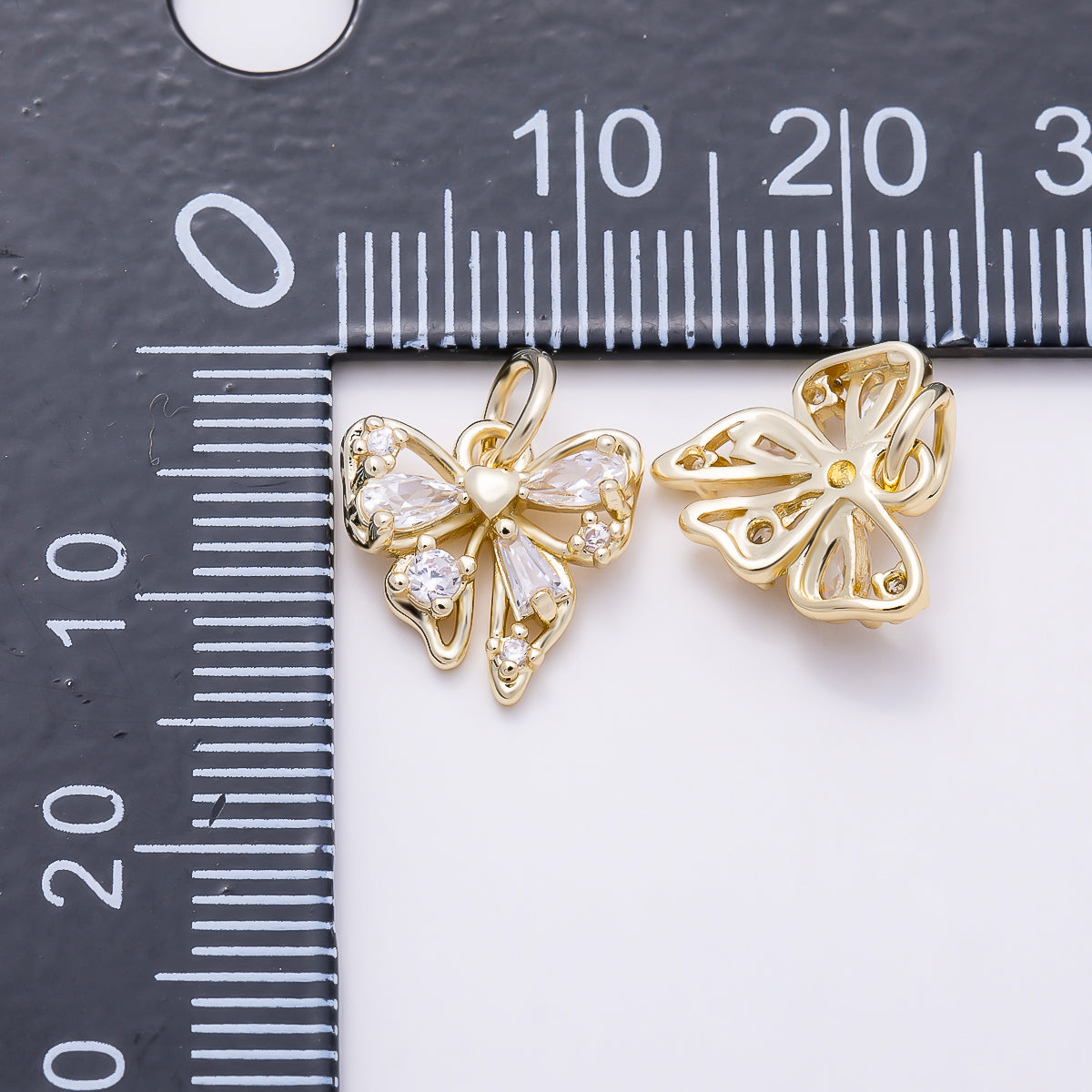 16K Gold Filled 11mm Clear CZ Cluster Coquette Ribbon Bow Open Charm | Charms-01606