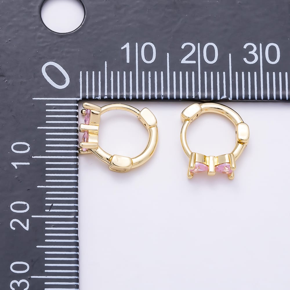 16K Gold Filled 12.5mm Clear, Pink CZ Ribbon Bow Cartilage Huggie in Gold & Silver | Earrings-01068 ~ Earrings-01071
