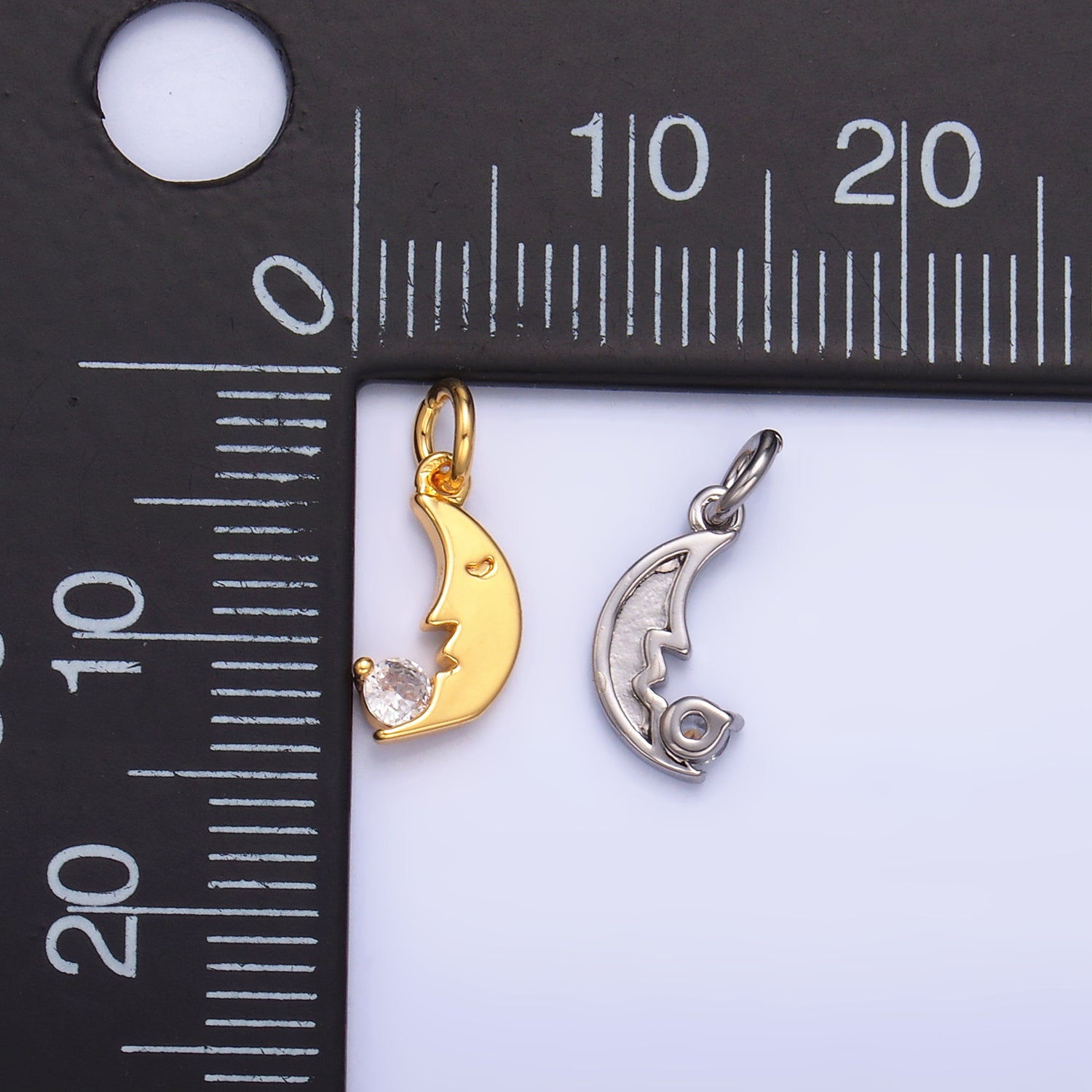 24K Gold Filled CZ Celestial Crescent Moon Face Charm in Gold & Silver | W834