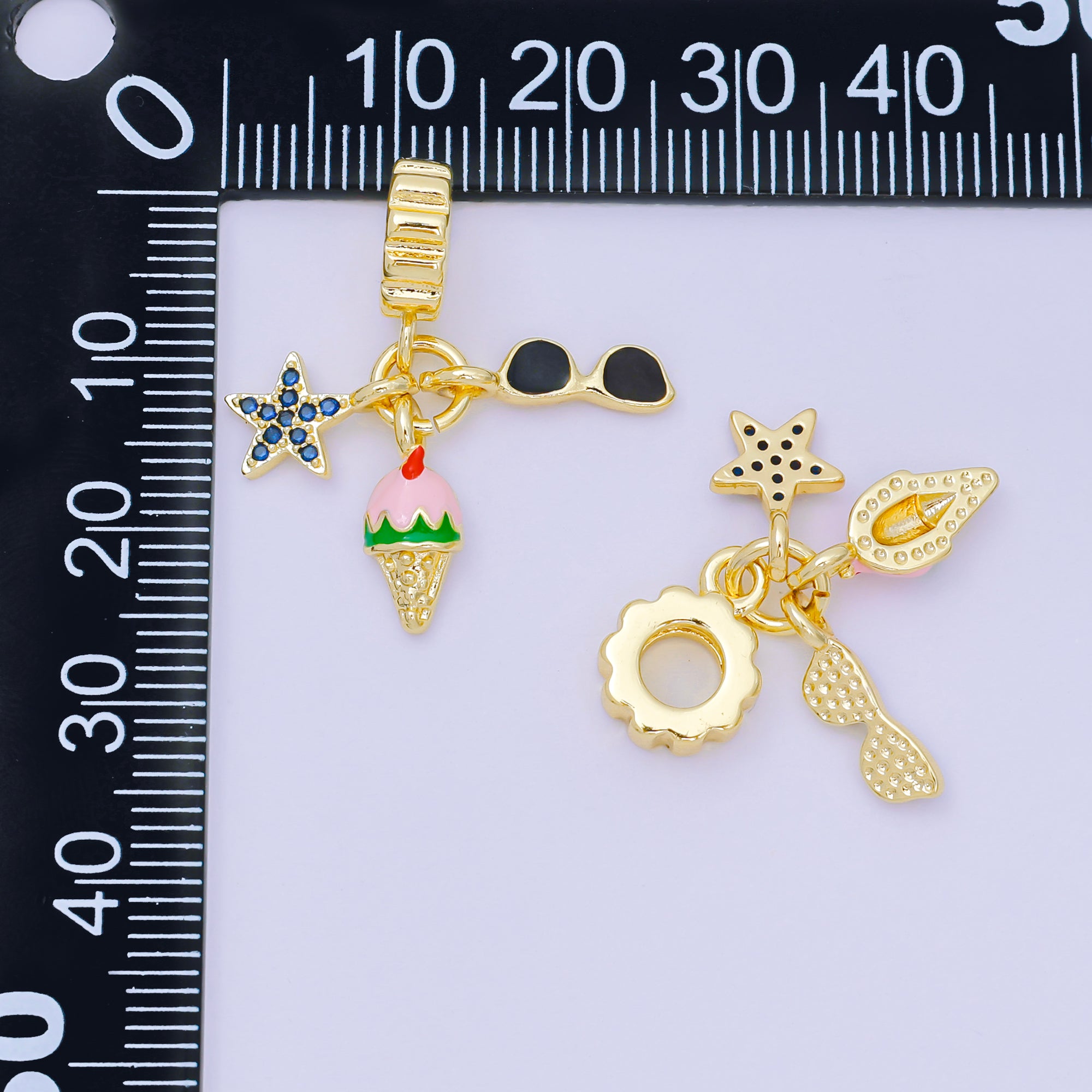 24K Gold Filled 14mm Micro Paved CZ Enamel Art Playful Set Charm in Star, Ice Cream, & Sunglasses Rhondelle Drop Pendant | M-097