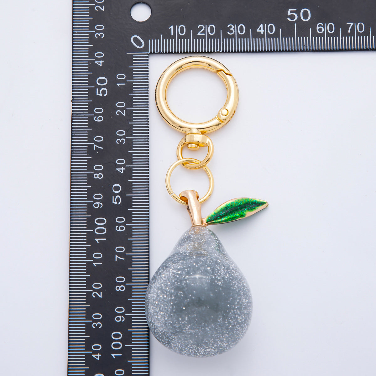 18K Gold Filled Grey, Gold Glittered Acrylic Pear Fruit Charm Bag Key Chain | WB-00119 WB-00120