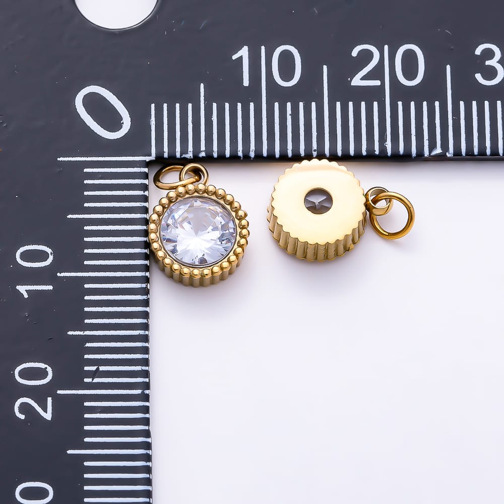 Stainless Steel PVD 10mm Clear CZ Geometric Round Solitaire Mini Charm in Gold & Silver | Charms-02068 - Charms-02069