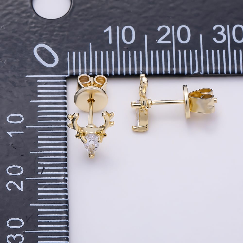 CHRISTMAS HOLIDAYS 16K Gold Filled 10mm Clear CZ Reindeer Mini Stud Earrings | Earrings-00969