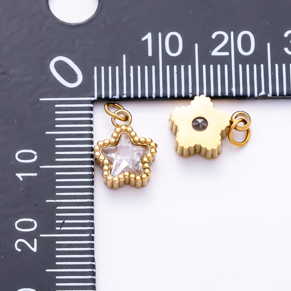 Stainless Steel PVD 11mm Star Cut Clear CZ Beaded Border Mini Celestial Charm in Gold & Silver | Charms-02062 - Charms-02063