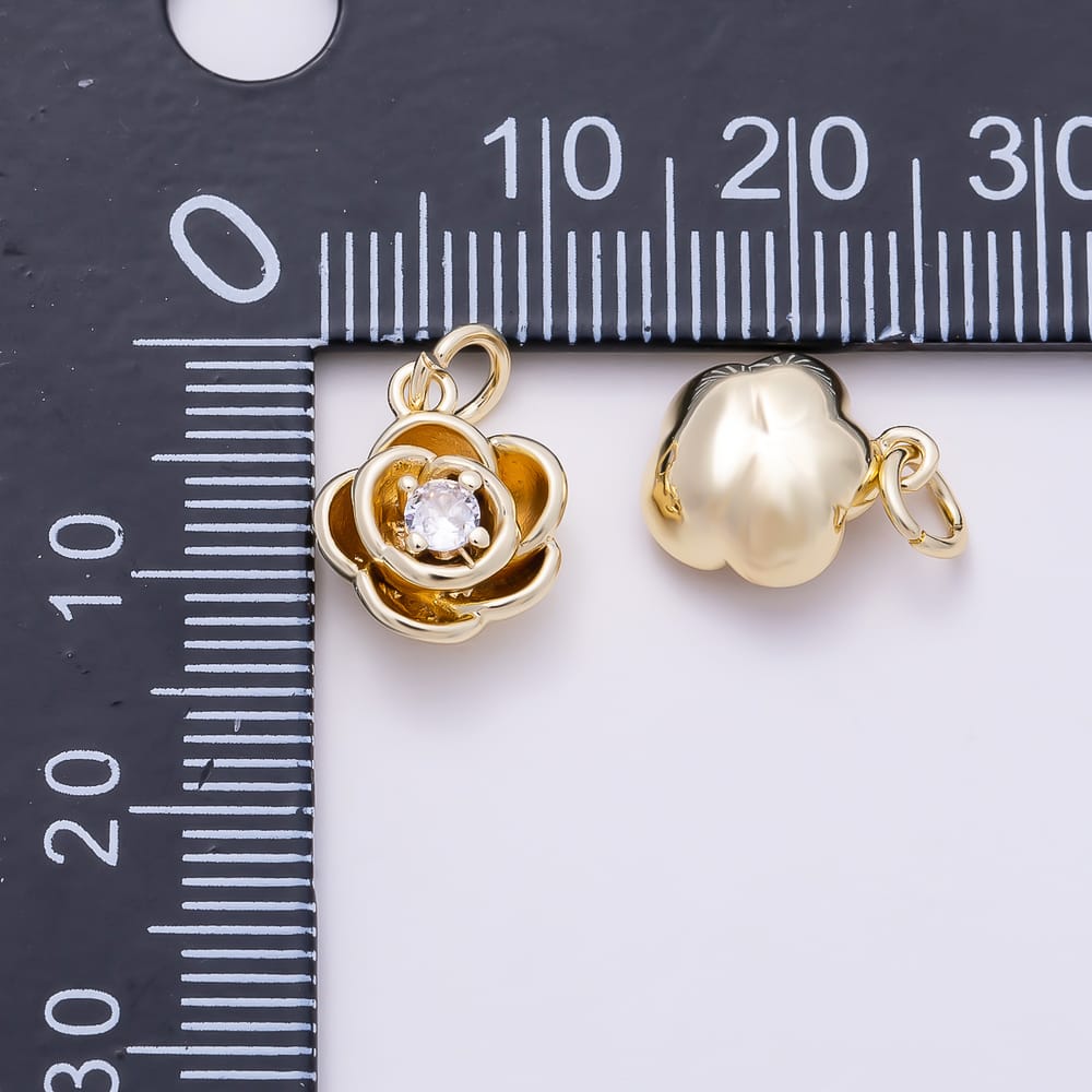 16K Gold Filled 11mm Clear CZ 3D Layered Rose Flower Mini Charm | Charms-02146 - Charms-02147