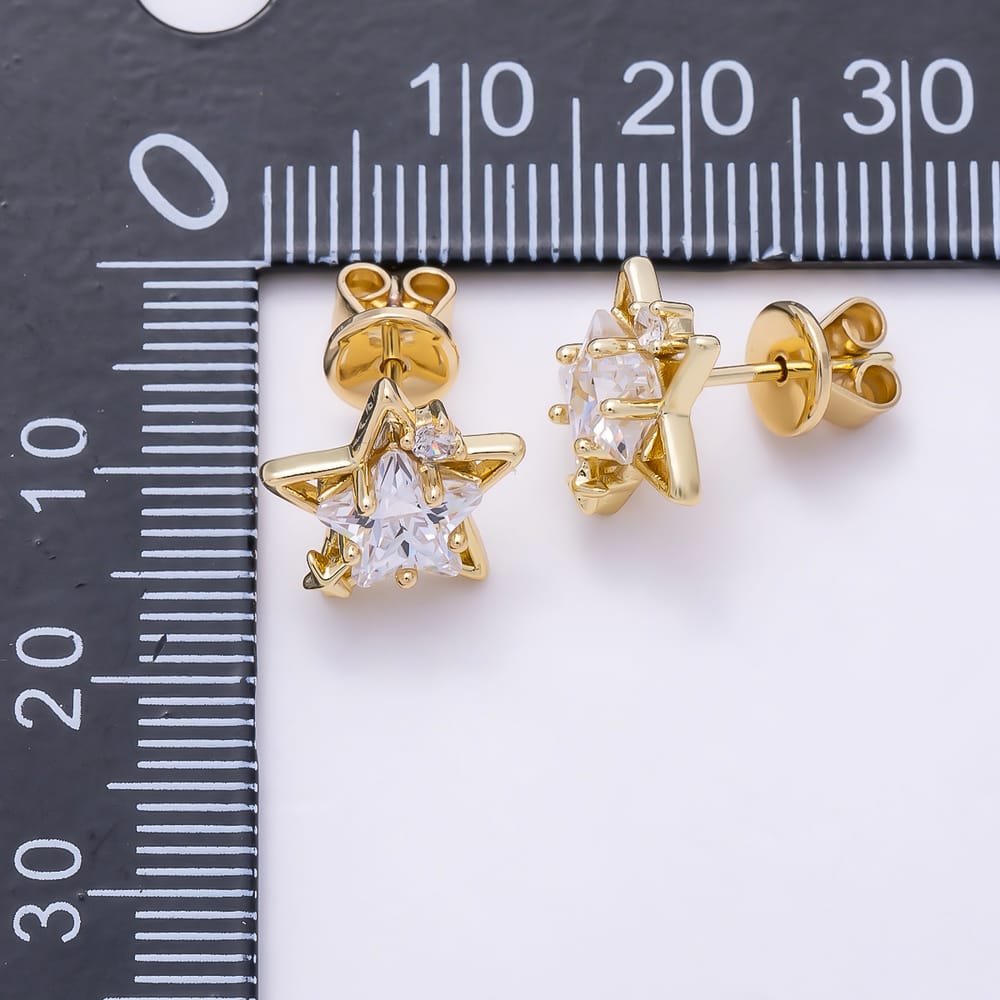 16K Gold Filled 11mm Layered Star Cut Clear CZ Celestial Stud Earrings | Earrings-01040 - Earrings-01041
