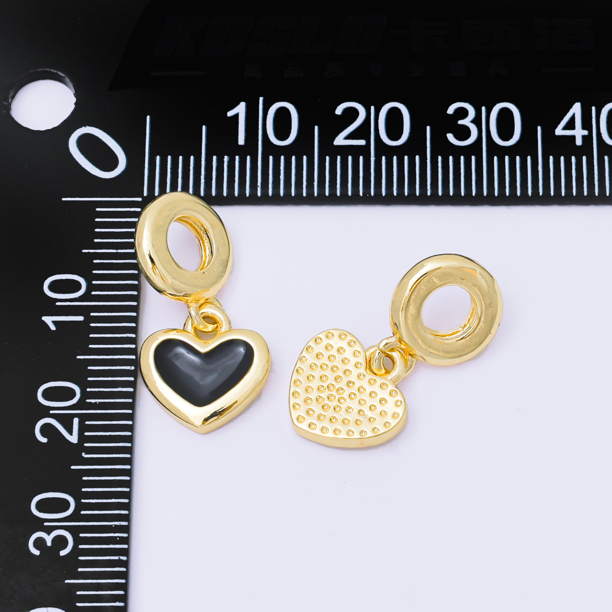 24K Gold Filled 11mm Red, Black, & White Enamel Heart Rondelle Drop Charm | AC1630 AH636