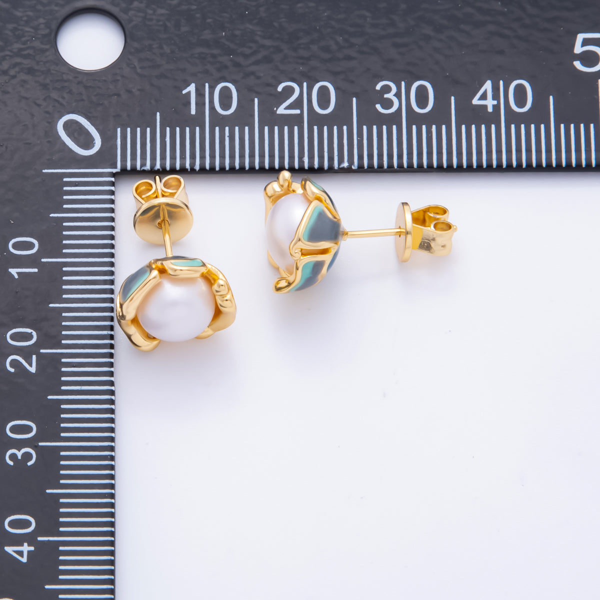18K Gold Filled Shell Pearl Blue Flower Petal Mini Stud Earrings | AJ193