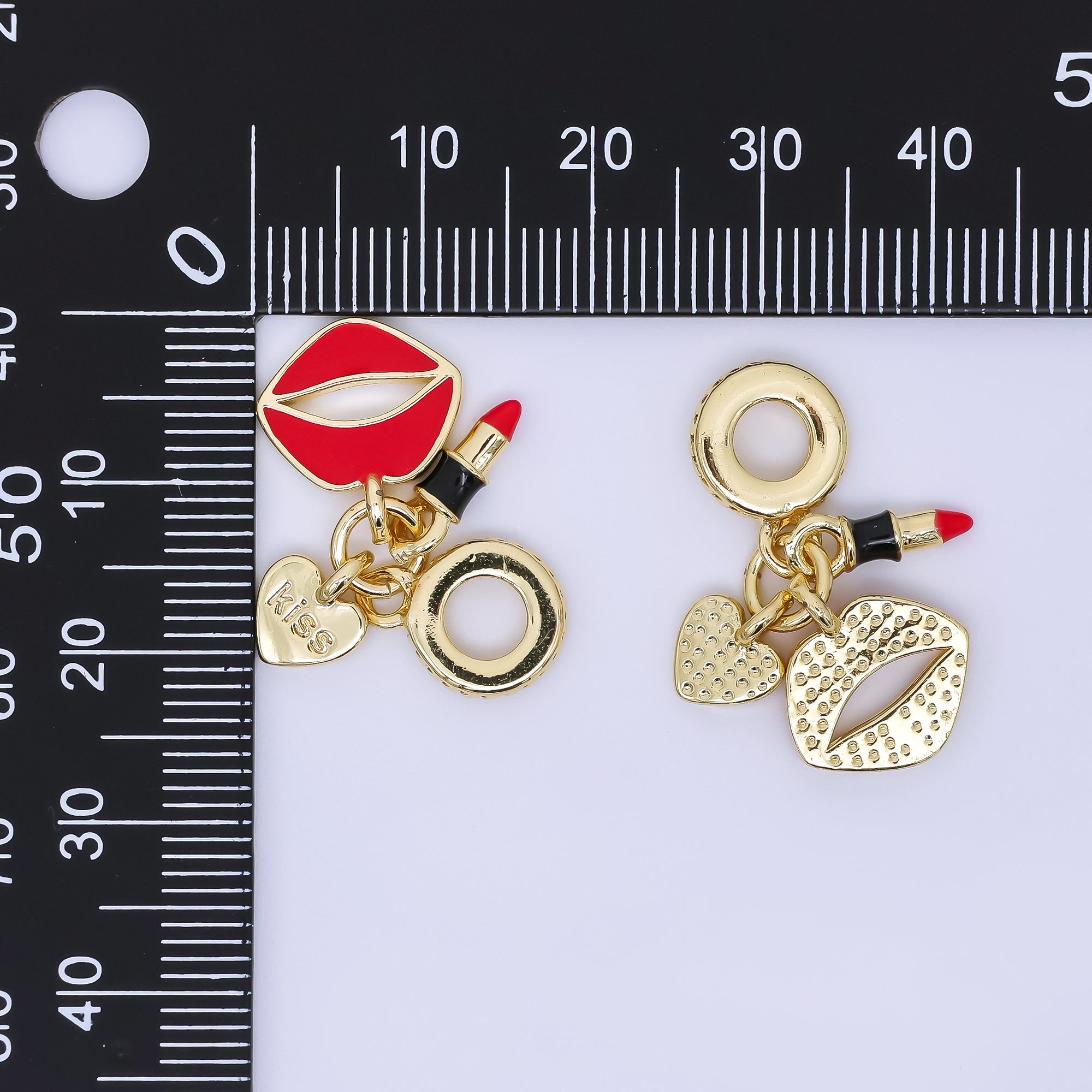 24K Gold Filled 11mm Red Lips, Lipstick, & Heart Kiss Girly Set European Style Rondelle Bail Drop Charm | AC1651