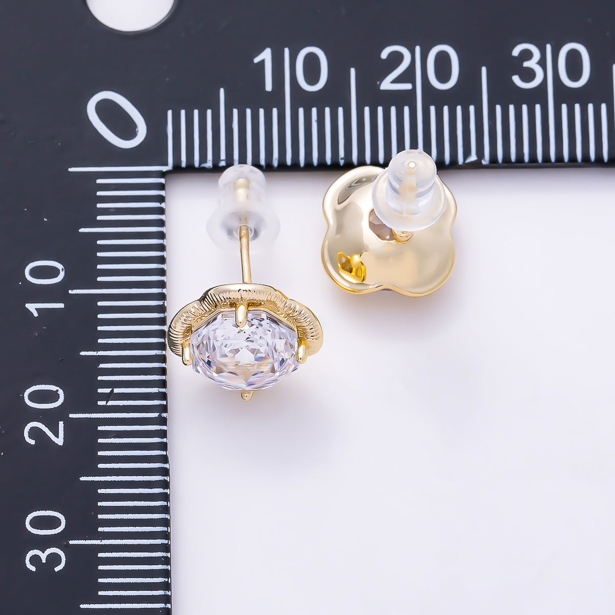 16K Gold Filled 11.5mm Clear CZ Hexagon Ribbed Flower Stud in Gold & Silver | Earrings-00767 Earrings-00768