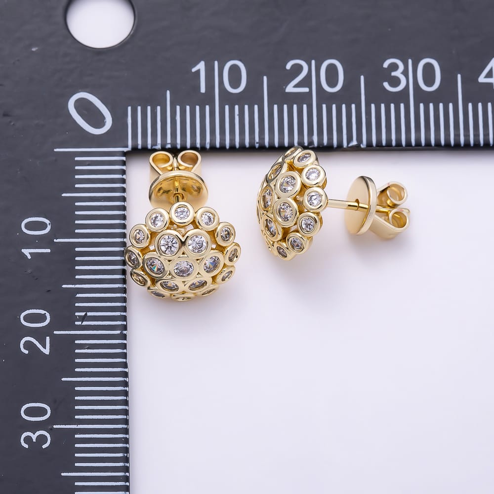 16K Gold Filled 11.5mm Clear CZ Round Bezel Dome Round Stud Earrings | Earrings-01088