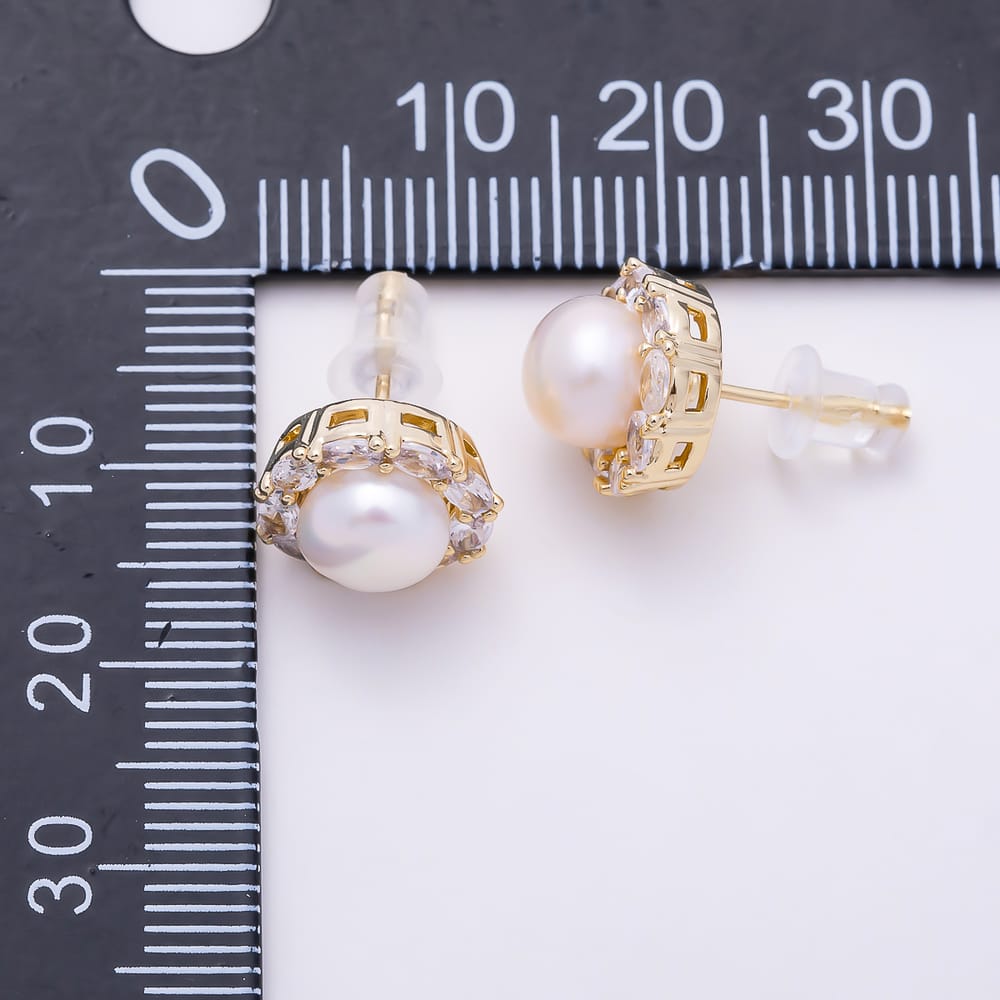 16K Gold Filled 11.5mm Clear Oval CZ Shell Pearl Round Stud Earrings in Gold & Silver | Earrings-01007 Earrings-01008
