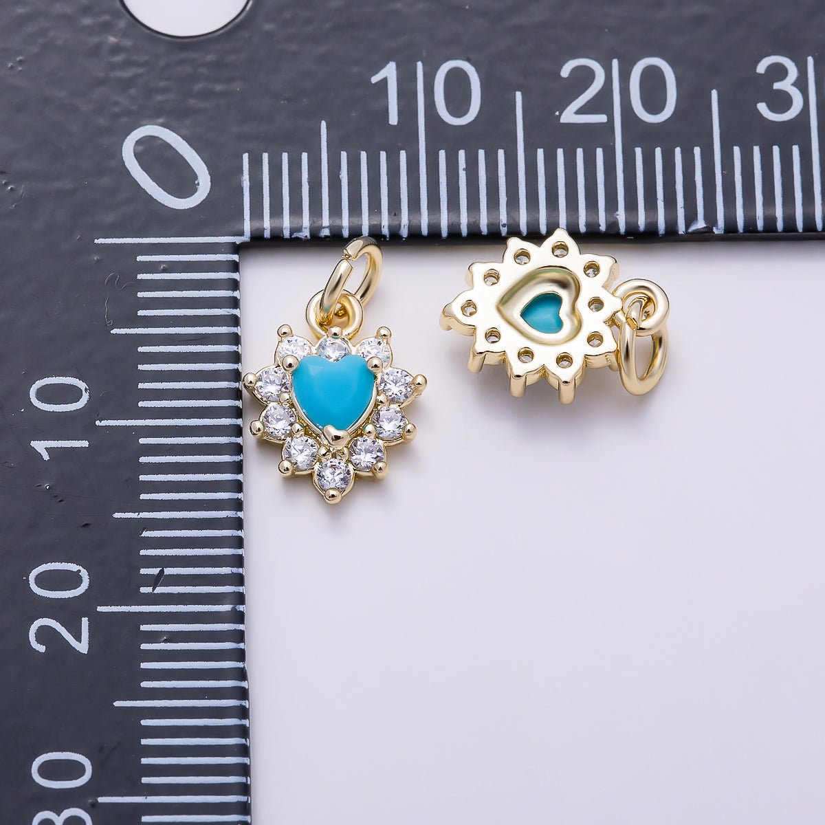 16K Gold Filled 11mm Clear CZ Starburst Turquoise Heart Charm | Charms-01625