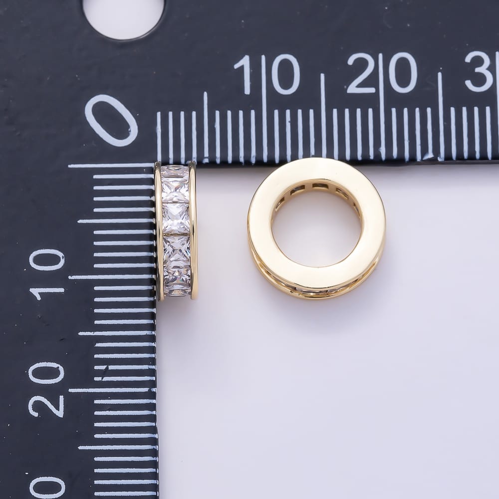 16K Gold Filled Clear CZ Baguette Lined Large Hole Rondelle Bead in Gold & Silver | Beads-00634 Beads-00635