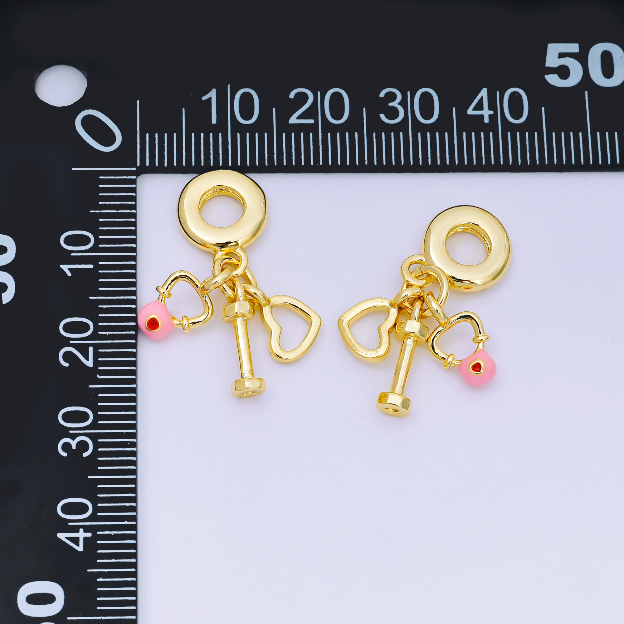 24K Gold Filled 11.5mm Red CZ Enamel Art Gym Set Charm in Heart, Barbell, & Dumbell Rhondelle Drop Pendant | M-099