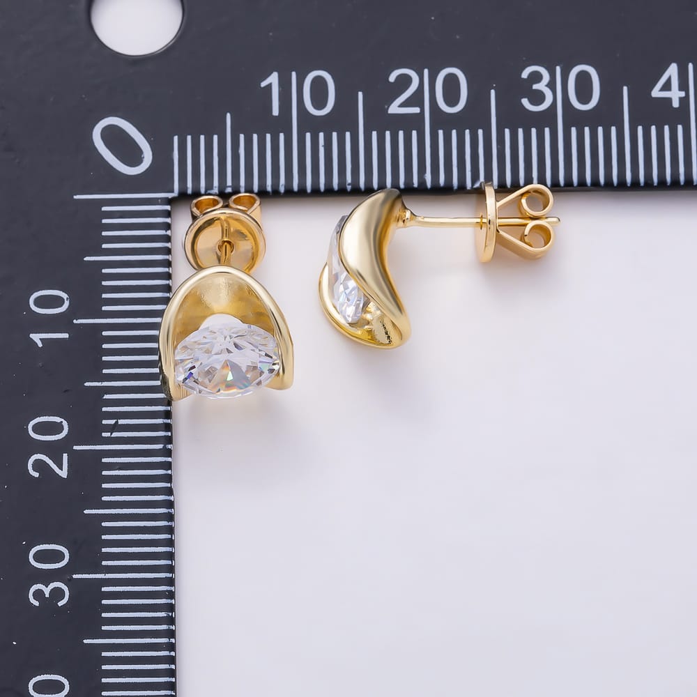 16K Gold Filled 17mm Clear Round CZ Solitaire Round Geometric Wrap Bezel Stud Earrings in Gold & Silver | Earrings-01180 Earrings-01165